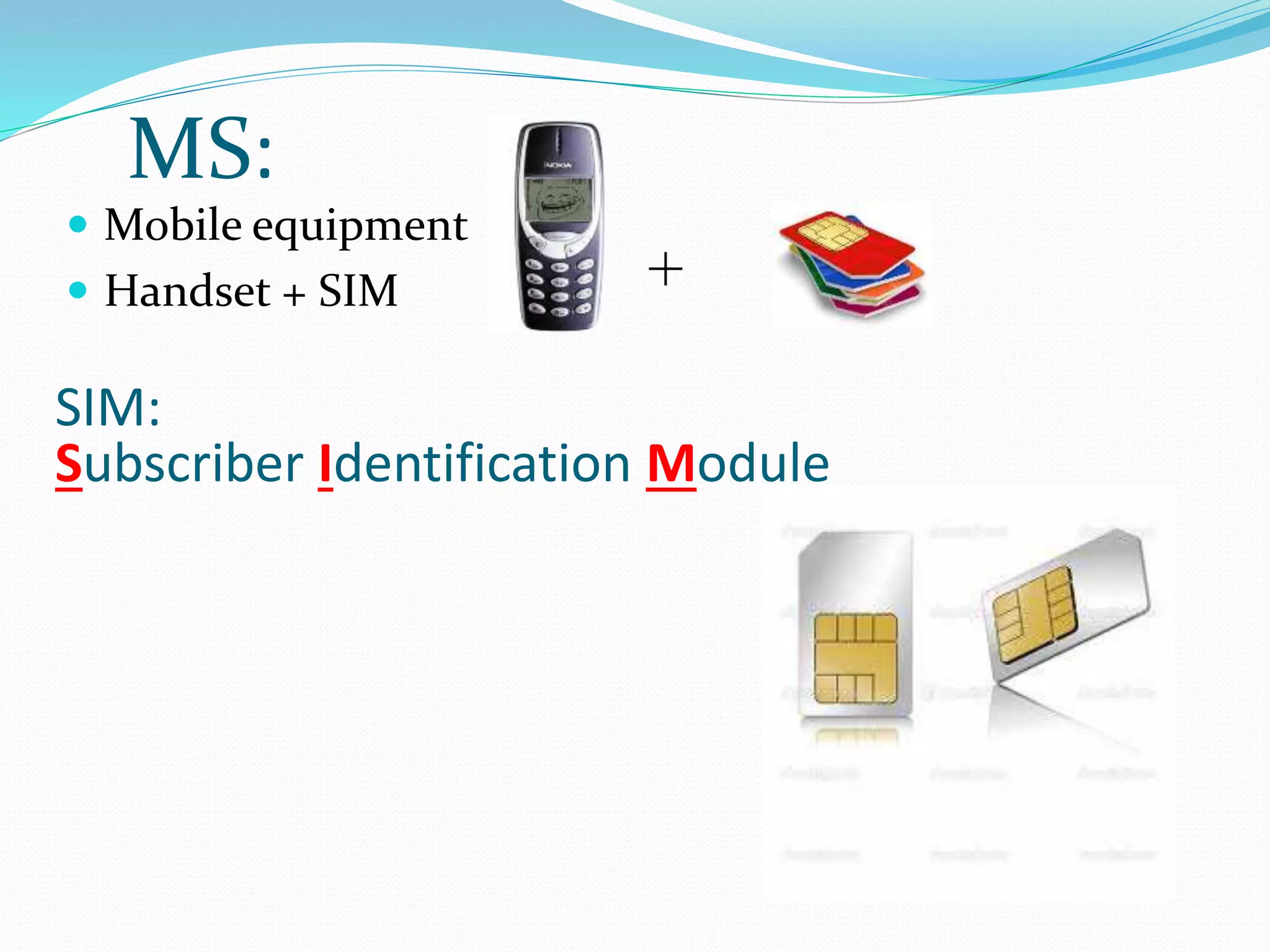 MS: 
 Mobile equipment 
 Handset + SIM + 
SIM: 
Subscriber Identification Module 
 