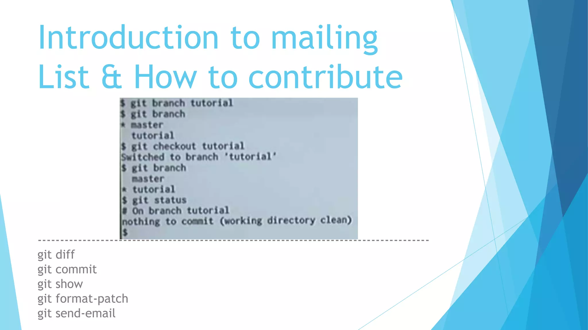 Introduction to mailing
List & How to contribute
---------------------------------------------------------------------------------------
git diff
git commit
git show
git format-patch
git send-email
 