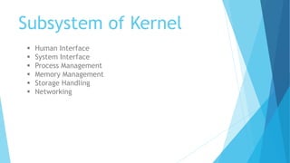 Subsystem of Kernel
 Human Interface
 System Interface
 Process Management
 Memory Management
 Storage Handling
 Networking
 
