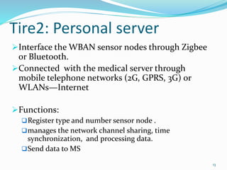 Tire2: Personal server
Interface the WBAN sensor nodes through Zigbee
or Bluetooth.
Connected with the medical server through
mobile telephone networks (2G, GPRS, 3G) or
WLANs—Internet
Functions:
Register type and number sensor node .
manages the network channel sharing, time
synchronization, and processing data.
Send data to MS
13
 