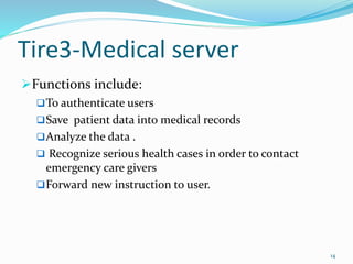 Tire3-Medical server
Functions include:
To authenticate users
Save patient data into medical records
Analyze the data .
 Recognize serious health cases in order to contact
emergency care givers
Forward new instruction to user.
14
 