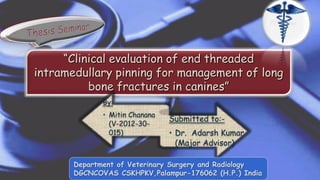 “Clinical evaluation of end threaded
intramedullary pinning for management of long
bone fractures in canines”
By:
• Mitin Chanana
(V-2012-30-
015)
Submitted to:-
• Dr. Adarsh Kumar
(Major Advisor)
Department of Veterinary Surgery and Radiology
DGCNCOVAS CSKHPKV,Palampur-176062 (H.P.) India
 