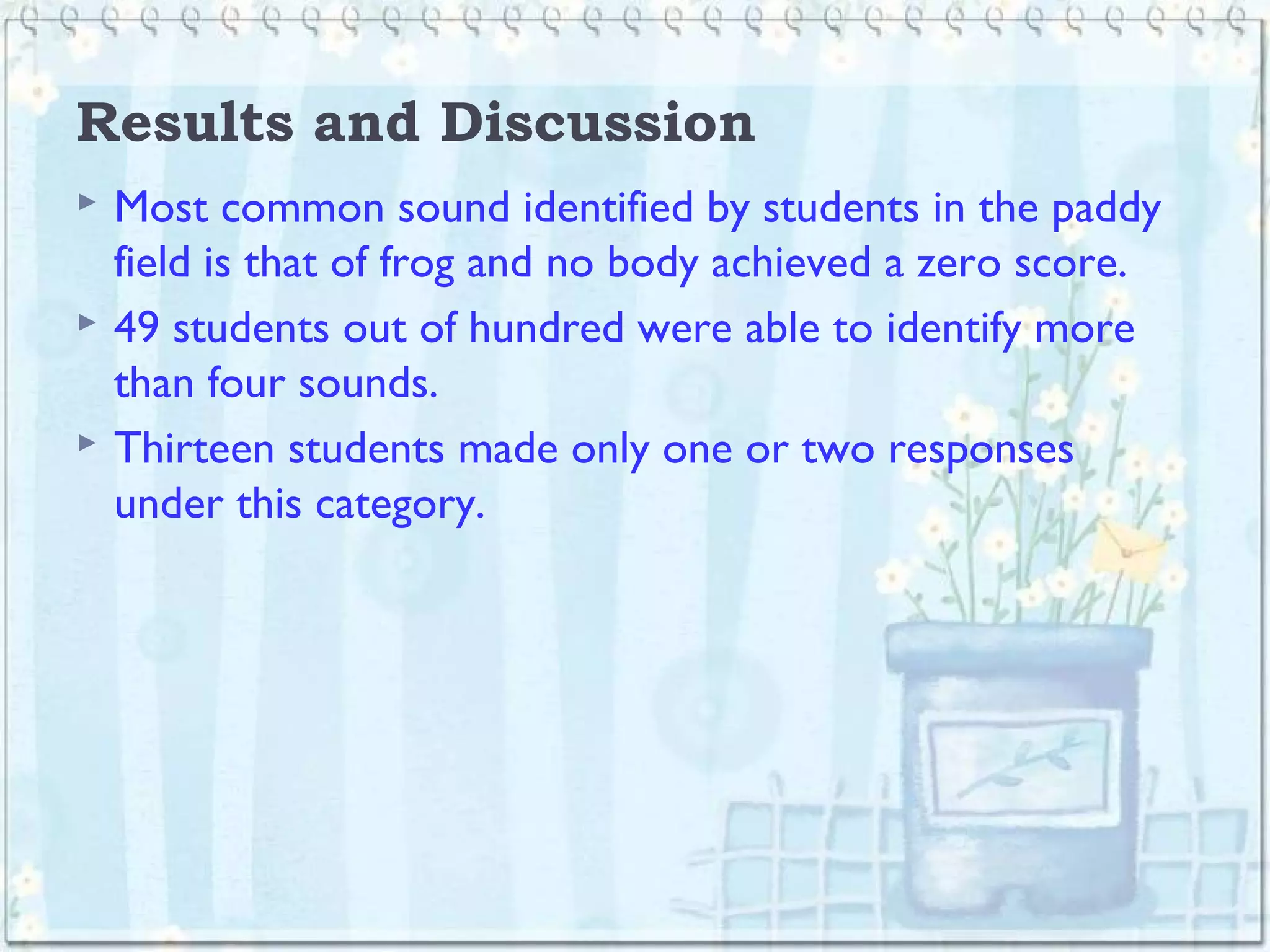 Results and Discussion
 Most common sound identified by students in the paddy
field is that of frog and no body achieved a zero score.
 49 students out of hundred were able to identify more
than four sounds.
 Thirteen students made only one or two responses
under this category.
 