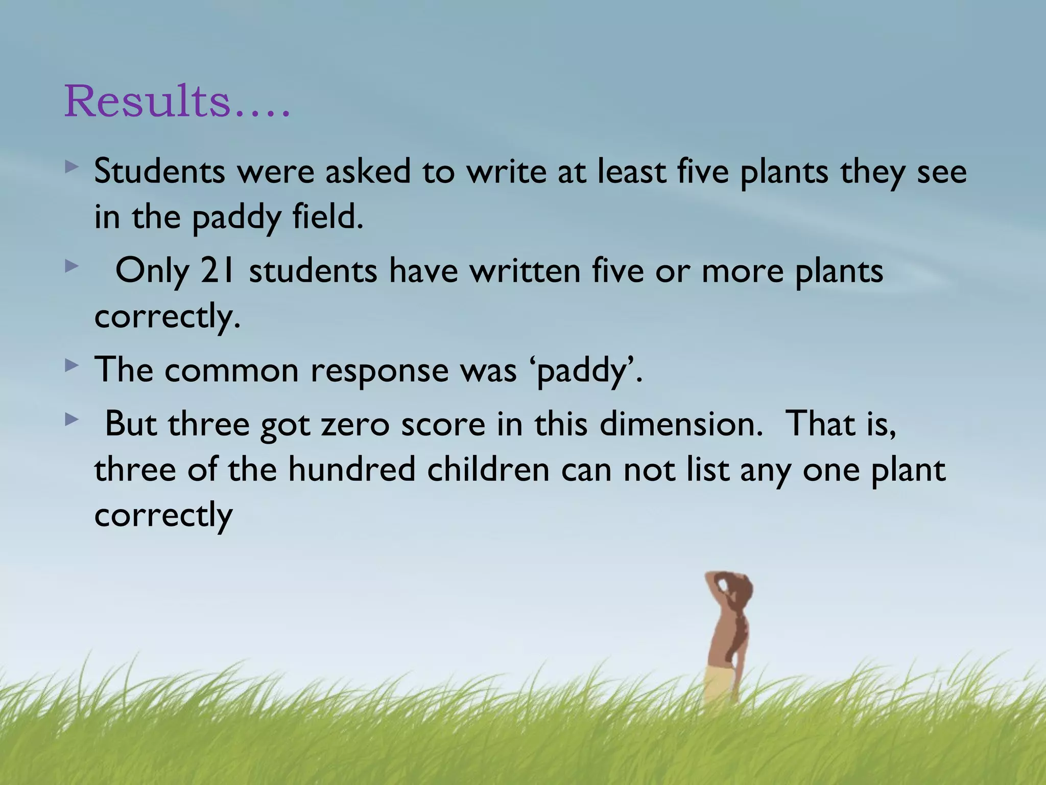 Results….
 Students were asked to write at least five plants they see
in the paddy field.
 Only 21 students have written five or more plants
correctly.
 The common response was ‘paddy’.
 But three got zero score in this dimension. That is,
three of the hundred children can not list any one plant
correctly
 