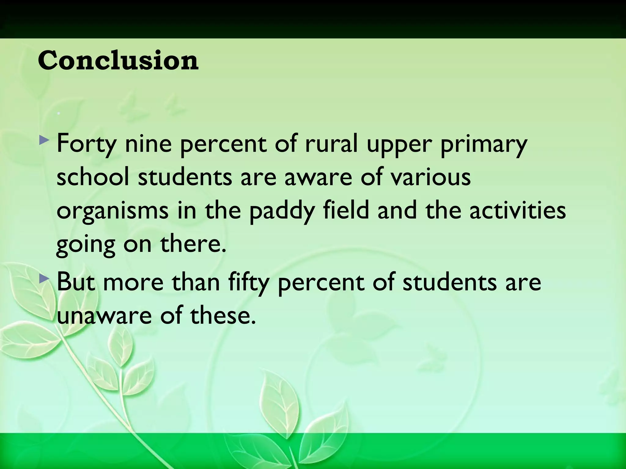 Conclusion
.
 Forty nine percent of rural upper primary
school students are aware of various
organisms in the paddy field and the activities
going on there.
 But more than fifty percent of students are
unaware of these.
 
