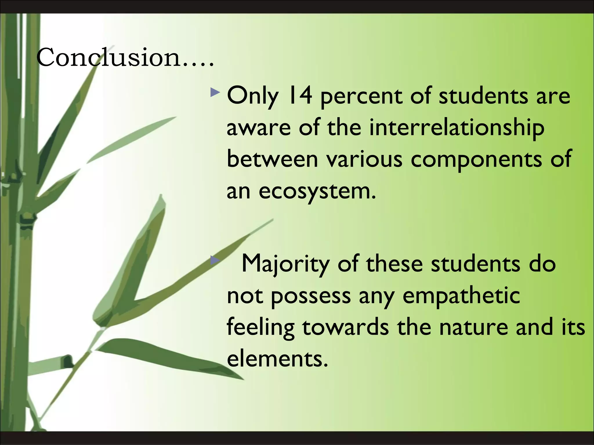 Conclusion….
 Only 14 percent of students are
aware of the interrelationship
between various components of
an ecosystem.
 Majority of these students do
not possess any empathetic
feeling towards the nature and its
elements.
 