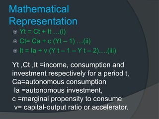 Mathematical
Representation
 Yt = Ct + It …(i)
 Ct= Ca + c (Yt – 1) …(ii)
 It = Ia + v (Y t – 1 – Y t – 2)….(iii)
Yt ,Ct ,It =income, consumption and
investment respectively for a period t,
Ca=autonomous consumption
la =autonomous investment,
c =marginal propensity to consume
v= capital-output ratio or accelerator.
 