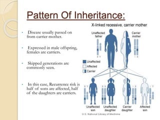 Pattern Of Inheritance:
• Disease usually passed on
from carrier mother.
• Expressed in male offspring,
females are carriers.
• Skipped generations are
commonly seen.
• In this case, Recurrence risk is
half of sons are affected, half
of the daughters are carriers.
 