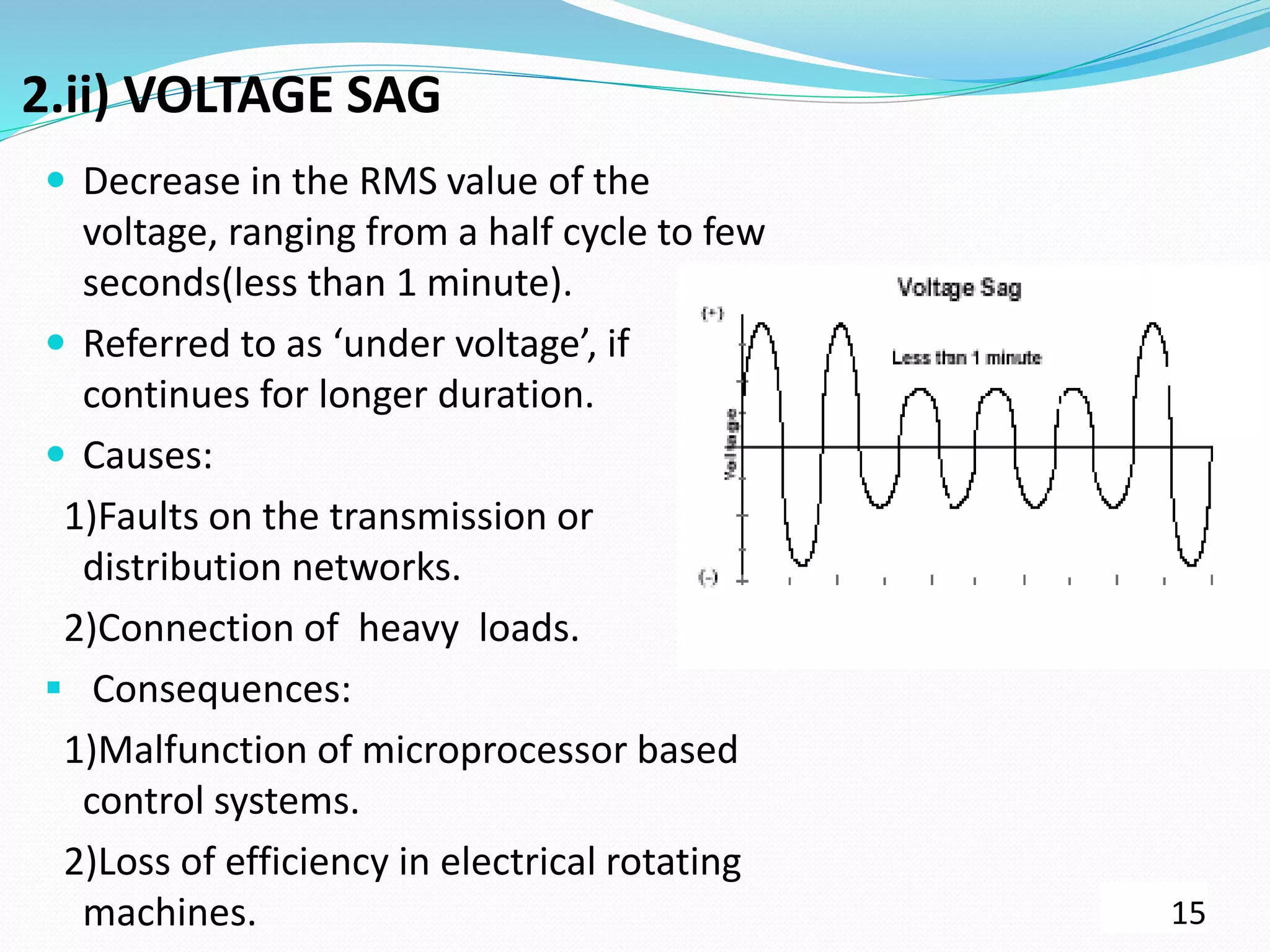 2.ii) VOLTAGE SAG
 Decrease in the RMS value of the
voltage, ranging from a half cycle to few
seconds(less than 1 minute).
 Referred to as ‘under voltage’, if
continues for longer duration.
 Causes:
1)Faults on the transmission or
distribution networks.
2)Connection of heavy loads.
 Consequences:
1)Malfunction of microprocessor based
control systems.
2)Loss of efficiency in electrical rotating
machines. 15
 