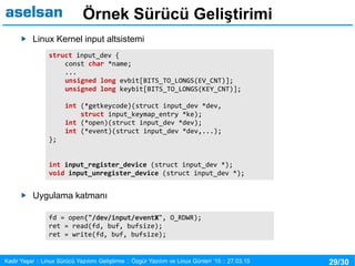 29/30Kadir Yaşar :: Linux Sürücü Yazılımı Geliştirme :: Özgür Yazılım ve Linux Günleri ’15 :: 27.03.15
Örnek Sürücü Geliştirimi
Linux Kernel input altsistemi
Uygulama katmanı
struct input_dev {
const char *name;
...
unsigned long evbit[BITS_TO_LONGS(EV_CNT)];
unsigned long keybit[BITS_TO_LONGS(KEY_CNT)];
int (*getkeycode)(struct input_dev *dev,
struct input_keymap_entry *ke);
int (*open)(struct input_dev *dev);
int (*event)(struct input_dev *dev,...);
};
int input_register_device (struct input_dev *);
void input_unregister_device (struct input_dev *);
fd = open("/dev/input/eventX", O_RDWR);
ret = read(fd, buf, bufsize);
ret = write(fd, buf, bufsize);
 