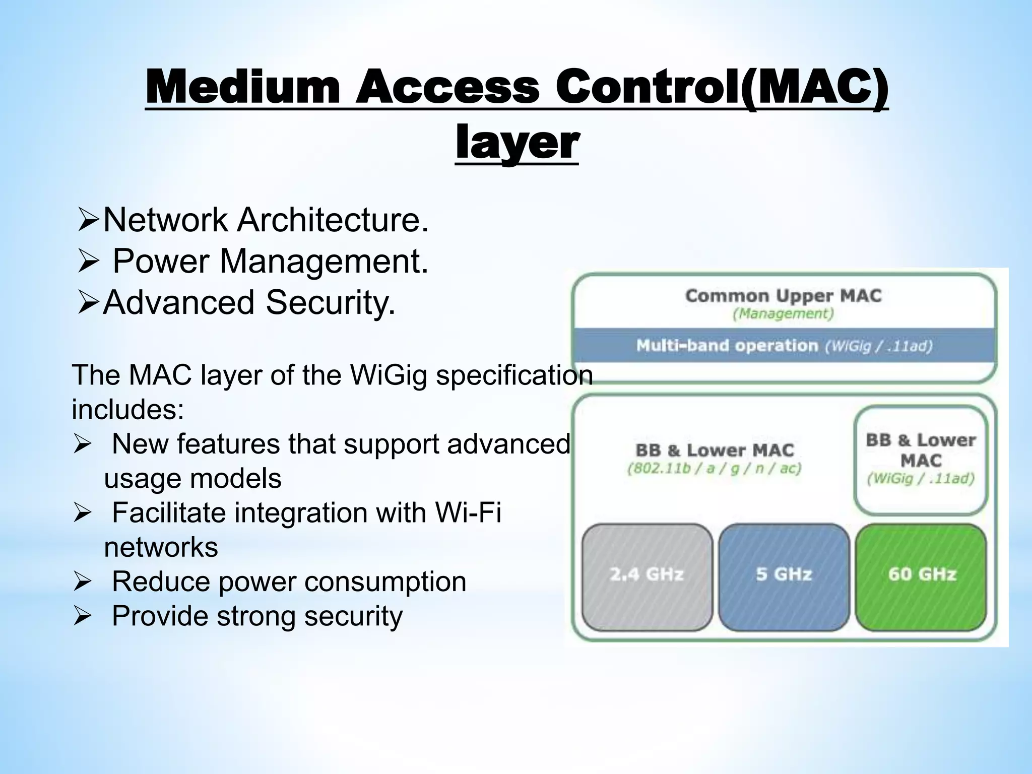Medium Access Control(MAC)
layer
Network Architecture.
 Power Management.
Advanced Security.
The MAC layer of the WiGig specification
includes:
 New features that support advanced
usage models
 Facilitate integration with Wi-Fi
networks
 Reduce power consumption
 Provide strong security
 