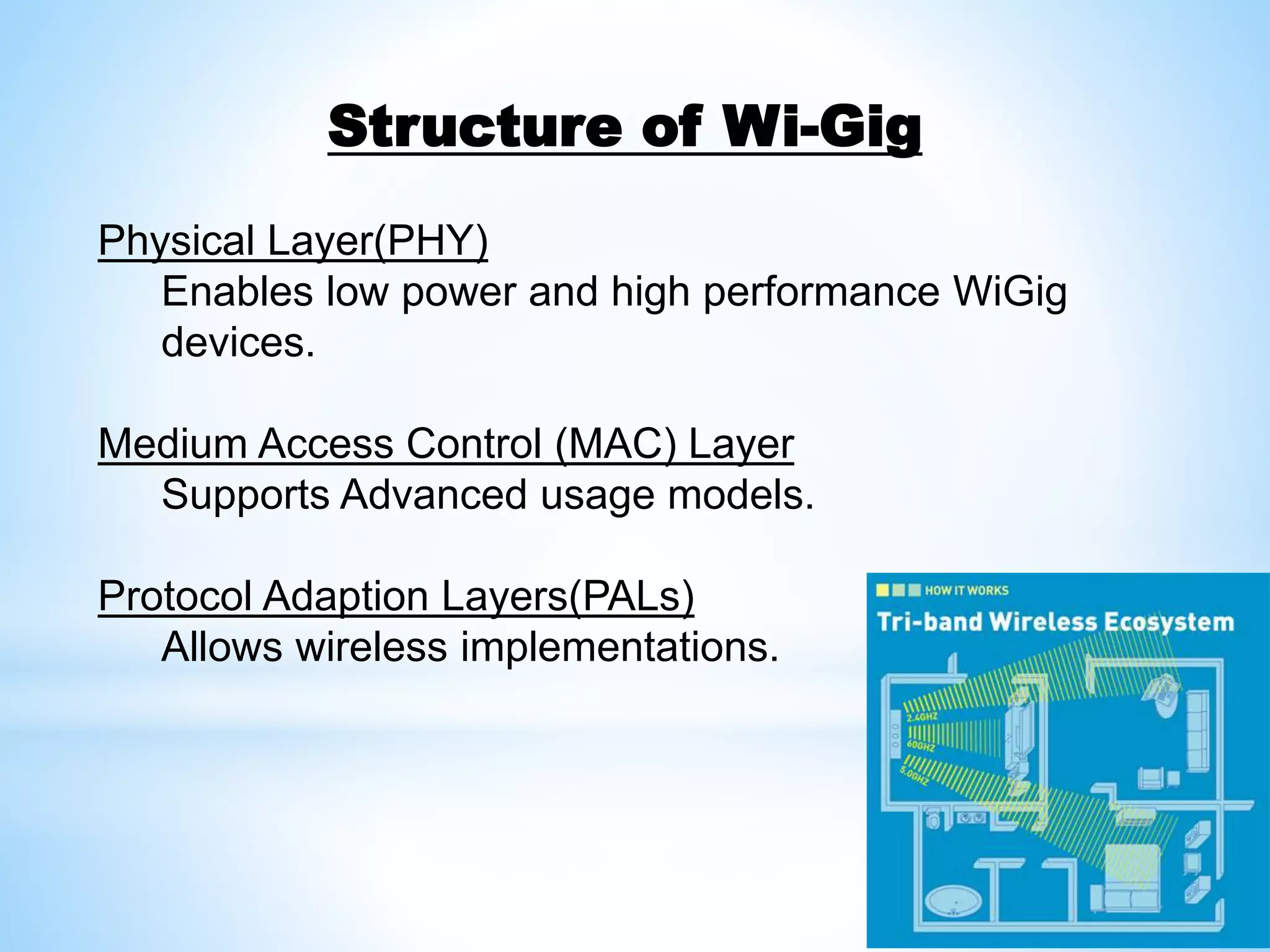 Structure of Wi-Gig
Physical Layer(PHY)
Enables low power and high performance WiGig
devices.
Medium Access Control (MAC) Layer
Supports Advanced usage models.
Protocol Adaption Layers(PALs)
Allows wireless implementations.
 
