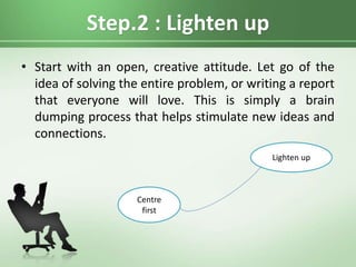 Step.2 : Lighten up
• Start with an open, creative attitude. Let go of the
idea of solving the entire problem, or writing a report
that everyone will love. This is simply a brain
dumping process that helps stimulate new ideas and
connections.
Centre
first
Lighten up
 