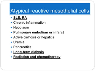 Atypical reactive mesothelial cells
 SLE, RA
 Chronic inflammation
 Neoplasm
 Pulmonary embolism or infarct
 Active cirrhosis or hepatitis
 Uremia
 Pancreatitis
 Long-term dialysis
 Radiation and chemotherapy
 