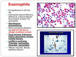 Eosinophils
 No significance in the first
tap.
 Eosinophilic pleural effusions,
defined as a pleural effusion
that contains at least 10%
eosinophils.
 Spontaneous
pneumothorax.
 Most eosinophilic effusions
are pleural and due to
allergic reactions to dust.
 Drug induced, Pulmonary
infarct, pneumonia, trauma,
hydatid disease.
 Loeffler’s syndrome,
Traumatic pericarditis,
rheumatic pericariditis
 Allergic vasculitis, Benign
asbestos effusion.
 