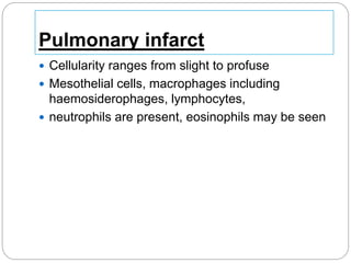 Pulmonary infarct
 Cellularity ranges from slight to profuse
 Mesothelial cells, macrophages including
haemosiderophages, lymphocytes,
 neutrophils are present, eosinophils may be seen
 