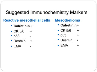 Suggested Immunochemistry Markers
Reactive mesothelial cells
 Calretinin+
 CK 5/6 +
 p53 -
 Desmin +
 EMA -
Mesothelioma
 Calretinin+
 CK 5/6 +
 p53 +
 Desmin -
 EMA +
 