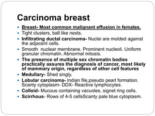 Carcinoma breast
 Breast- Most common malignant effusion in females.
 Tight clusters, ball like nests.
 Infiltrating ductal carcinoma- Nuclei are molded against
the adjacent cells.
 Smooth nuclear membrane. Prominent nucleoli. Uniform
granular chromatin. Abnormal mitosis.
 The presence of multiple sex chromatin bodies
practically assures the diagnosis of cancer, most likely
of mammary origin, regardless of other cell features
 Medullary- Shed singly.
 Lobular carcinoma- Indian file,pseudo pearl formation.
Scanty cytoplasm- DDX- Reactive lymphocytes.
 Colloid- Mucous containing vacuoles, signet ring cells.
 Scirrhous- Rows of 4-5 cellsScanty pale blue cytoplasm.
 