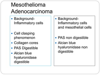 Mesothelioma
Adenocarcinoma
 Background-
Inflammatory cells
 Cell clasping
phenomenon
 Collagen cores
 PAS Digestible
 Alcian blue
hyaluronidase
digestible
 Background-
Inflammatory cells
and mesothelial cells
 PAS non digestible
 Alcian blue
hyaluronidase non
digestible
 