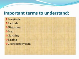 Important terms to understand:
Longitude
Latitude
Distortion
Map
Northing
Easting
Coordinate system
 