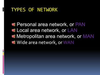TYPES OF NETWORK
Personal area network, or PAN
Local area network, or LAN
Metropolitan area network, or MAN
Wide area network, or WAN
 
