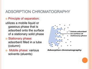 ADSORPTION CHROMATOGRAPHY
 Principle of separation:
utilizes a mobile liquid or
gaseous phase that is
adsorbed onto the surface
of a stationary solid phase
 Stationary phase:
adsorbent filled in a tube
(column)
 Mobile phase: various
solvents (eluents)
11
 