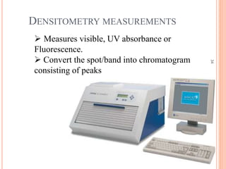 DENSITOMETRY MEASUREMENTS
34
 Measures visible, UV absorbance or
Fluorescence.
 Convert the spot/band into chromatogram
consisting of peaks
 