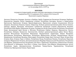 Приложение
к распоряжение Кабинета Министров Украины
от 16 сентября 2015 г. N 977-р
ПЕРЕЧЕНЬ
государств (территорий), которые отвечают критериям, установленным
подпунктом 39.2.1.2 подпункта 39.2.1 пункта 39.2 статьи 39
Налогового кодекса Украины
Ангилья, Княжество Андорра, Антигуа и Барбуда, Аруба, Содружество Багамских Островов, Барбадос,
Королевство Бахрейн, Белиз, Бермудские острова, Республика Болгария, Босния и Герцеговина,
Британские Виргинские Острова, Бруней-Даруссалам, Виргинские острова Соединенных Штатов
Америки, Республика Вануату, Гернси, Гибралтар, Особый административный район Китая Гонконг,
Гренада, Джерси, Ирландия, Автономное сообщество Канарские острова Королевства Испания,
Республика Кабо-Верде, Каймановы Острова, Государство Катар, Кыргызская Республика, Республика
Кипр, Автономный край Косово и Метохия Республики Сербия, Кюрасао, Королевство Лесото,
Республика Либерия, Княжество Лихтенштейн, Особый административный район Китая Макао,
Бывшая Югославская Республика Македония, Федеративная территория Лабуан Малайзии,
Мальдивская Республика, Мартиника, Республика Маршалловы Острова, Федеративные Штаты
Микронезии, Республика Молдова, Монтсеррат, Республика Науру, Ниуэ, Султанат Оман, Остров Мэн,
Острова Кука, Острова Теркс и Кайкос, Республика Палау, Республика Панама, Республика Парагвай,
Северные Марианские Острова, Автономный регион Мадейра Португальской Республики, Республика
Сан-Марино, Демократическая Республика Сан-Томе и Принсипи, Республика Сейшельские Острова,
Сент-Винсент и Гренадины, Сент-Китс и Невис, Сент-Люсия, Синт-Мартен (Нидерландская часть),
Республика Судан, Демократическая Республика Тимор-Лешти, Туркменистан, Республика
Узбекистан, Французская Гвиана, Черногория
 