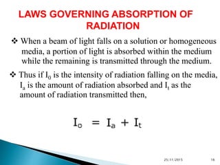 25/11/2015 16
LAWS GOVERNING ABSORPTION OF
RADIATION
 When a beam of light falls on a solution or homogeneous
media, a portion of light is absorbed within the medium
while the remaining is transmitted through the medium.
 Thus if I0 is the intensity of radiation falling on the media,
Ia is the amount of radiation absorbed and It as the
amount of radiation transmitted then,
 