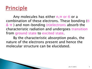 Any molecules has either n,π or Ϭ or a
combination of these electrons. These bonding (Ϭ
& π ) and non-bonding (n)electrons absorb the
characteristic radiation and undergoes transition
from ground state to excited state.
By the characteristic absorption peaks, the
nature of the electrons present and hence the
molecular structure can be elucidated.
25/11/2015 5
 
