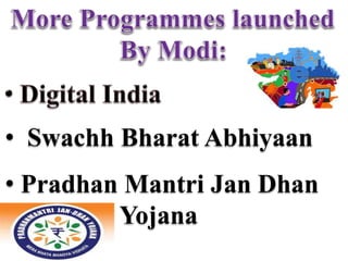 • Swachh Bharat Abhiyaan
• Pradhan Mantri Jan Dhan
Yojana
 