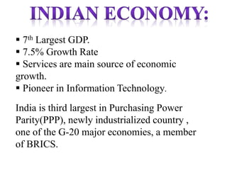  7th Largest GDP.
 7.5% Growth Rate
 Services are main source of economic
growth.
 Pioneer in Information Technology.
India is third largest in Purchasing Power
Parity(PPP), newly industrialized country ,
one of the G-20 major economies, a member
of BRICS.
 