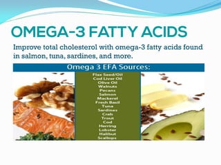 Improve total cholesterol with omega-3 fatty acids found
in salmon, tuna, sardines, and more.
 