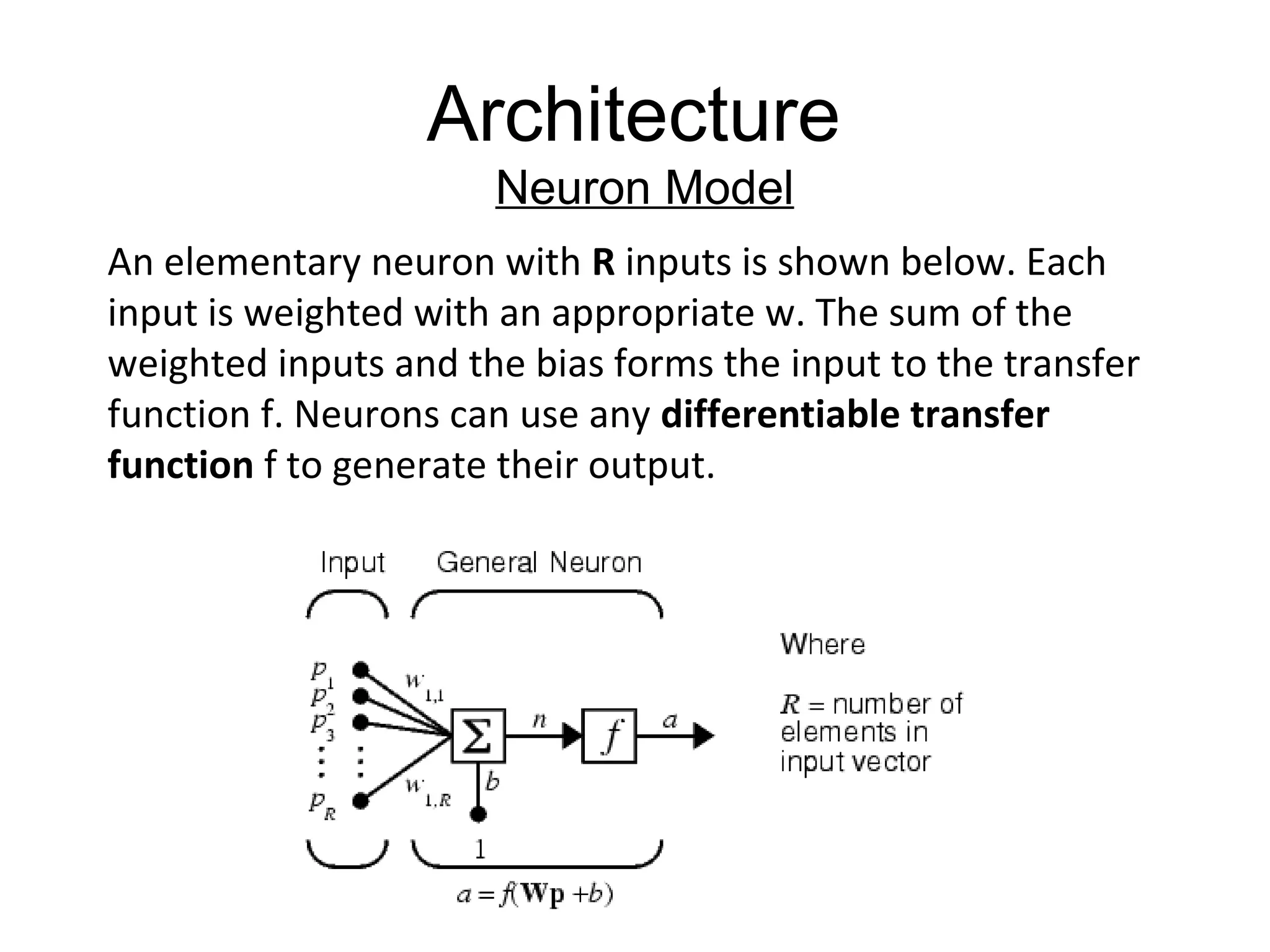 Architecture
Neuron Model
An elementary neuron with R inputs is shown below. Each
input is weighted with an appropriate w. The sum of the
weighted inputs and the bias forms the input to the transfer
function f. Neurons can use any differentiable transfer
function f to generate their output.
 