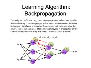 Learning Algorithm:
Backpropagation
The weights' coefficients wmn used to propagate errors back are equal to
this used during computing output value. Only the direction of data flow
is changed (signals are propagated from output to inputs one after the
other). This technique is used for all network layers. If propagated errors
came from few neurons they are added. The illustration is below:
 