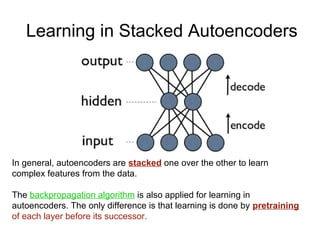 Learning in Stacked Autoencoders
In general, autoencoders are stacked one over the other to learn
complex features from the data.
The backpropagation algorithm is also applied for learning in
autoencoders. The only difference is that learning is done by pretraining
of each layer before its successor.
 