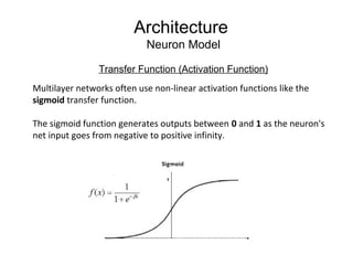 Architecture
Neuron Model
Transfer Function (Activation Function)
Multilayer networks often use non-linear activation functions like the
sigmoid transfer function.
The sigmoid function generates outputs between 0 and 1 as the neuron's
net input goes from negative to positive infinity.
 