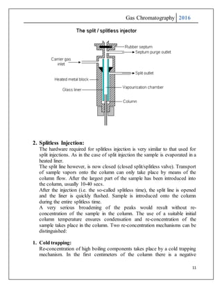 Gas Chromatography 2016
11
2. Splitless Injection:
The hardware required for splitless injection is very similar to that used for
split injections. As in the case of split injection the sample is evaporated in a
heated liner.
The split line however, is now closed (closed split/splitless valve). Transport
of sample vapors onto the column can only take place by means of the
column flow. After the largest part of the sample has been introduced into
the column, usually 10-40 secs.
After the injection (i.e. the so-called splitless time), the split line is opened
and the liner is quickly flushed. Sample is introduced onto the column
during the entire splitless time.
A very serious broadening of the peaks would result without re-
concentration of the sample in the column. The use of a suitable initial
column temperature ensures condensation and re-concentration of the
sample takes place in the column. Two re-concentration mechanisms can be
distinguished:
1. Cold trapping:
Re-concentration of high boiling components takes place by a cold trapping
mechanism. In the first centimeters of the column there is a negative
 