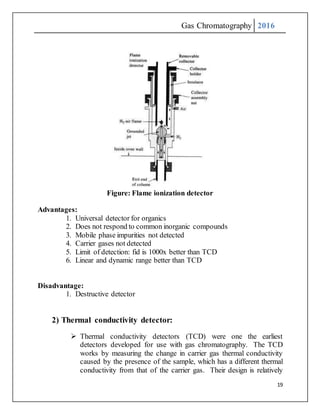 Gas Chromatography 2016
19
Figure: Flame ionization detector
Advantages:
1. Universal detector for organics
2. Does not respond to common inorganic compounds
3. Mobile phase impurities not detected
4. Carrier gases not detected
5. Limit of detection: fid is 1000x better than TCD
6. Linear and dynamic range better than TCD
Disadvantage:
1. Destructive detector
2) Thermal conductivity detector:
 Thermal conductivity detectors (TCD) were one the earliest
detectors developed for use with gas chromatography. The TCD
works by measuring the change in carrier gas thermal conductivity
caused by the presence of the sample, which has a different thermal
conductivity from that of the carrier gas. Their design is relatively
 