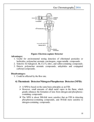 Gas Chromatography 2016
22
Figure: Electron capture Detector
Advantages:
1. Useful for environmental testing detection of chlorinated pesticides or
herbicides; polynuclear aromatic carcinogens, organ metallic compounds.
2. Selective for halogen-(I, Br, Cl, F), nitro-, and sulfur-containing compounds.
3. Detects polynuclear aromatic compounds, anhydrides and conjugated
carbonyl compounds.
Disadvantages:
1. Could be affected by the flow rate.
4) Thermionic Detector/Nitrogen-Phosphorous Detector (NPD):
 A NPD is based on the same basic principles as an FID.
 However, small amounts of alkali metal vapor in the flame, which
greatly enhances the formation of ions from nitrogen and phosphorus-
containing compounds.
 The NPD is about 500-fold more sensitive that an FID in detecting
phosphorous-containing compounds, and 50-fold more sensitive to
nitrogen-containing compounds.
 