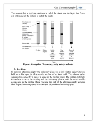 Gas Chromatography 2016
3
The solvent that is put into a column is called the eluent, and the liquid that flows
out of the end of the column is called the eluate.
Figure: Adsorption Chromatography using a column
2. Partition:
In partition chromatography the stationary phase is a non-volatile liquid which is
held as a thin layer (or film) on the surface of an inert solid. The mixture to be
separated is carried by a gas or a liquid as the mobile phase. The solutes distribute
themselves between the moving and the stationary phases, with the more soluble
component in the mobile phase reaching the end of the chromatography column
first. Paper chromatography is an example of partition chromatography.
 