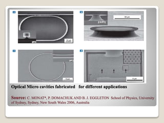 Optical Micro cavities fabricated for different applications
Source: C. MONAT*, P. DOMACHUK AND B. J. EGGLETON School of Physics, University
of Sydney, Sydney, New South Wales 2006, Australia
 