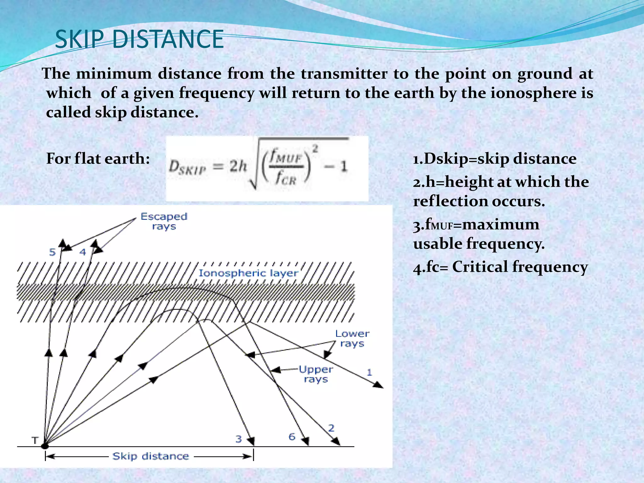 SKIP DISTANCE
The minimum distance from the transmitter to the point on ground at
which of a given frequency will return to the earth by the ionosphere is
called skip distance.
For flat earth: 1.Dskip=skip distance
2.h=height at which the
reflection occurs.
3.fMUF=maximum
usable frequency.
4.fc= Critical frequency
Dskip
h
i
T R
ionosphere
 