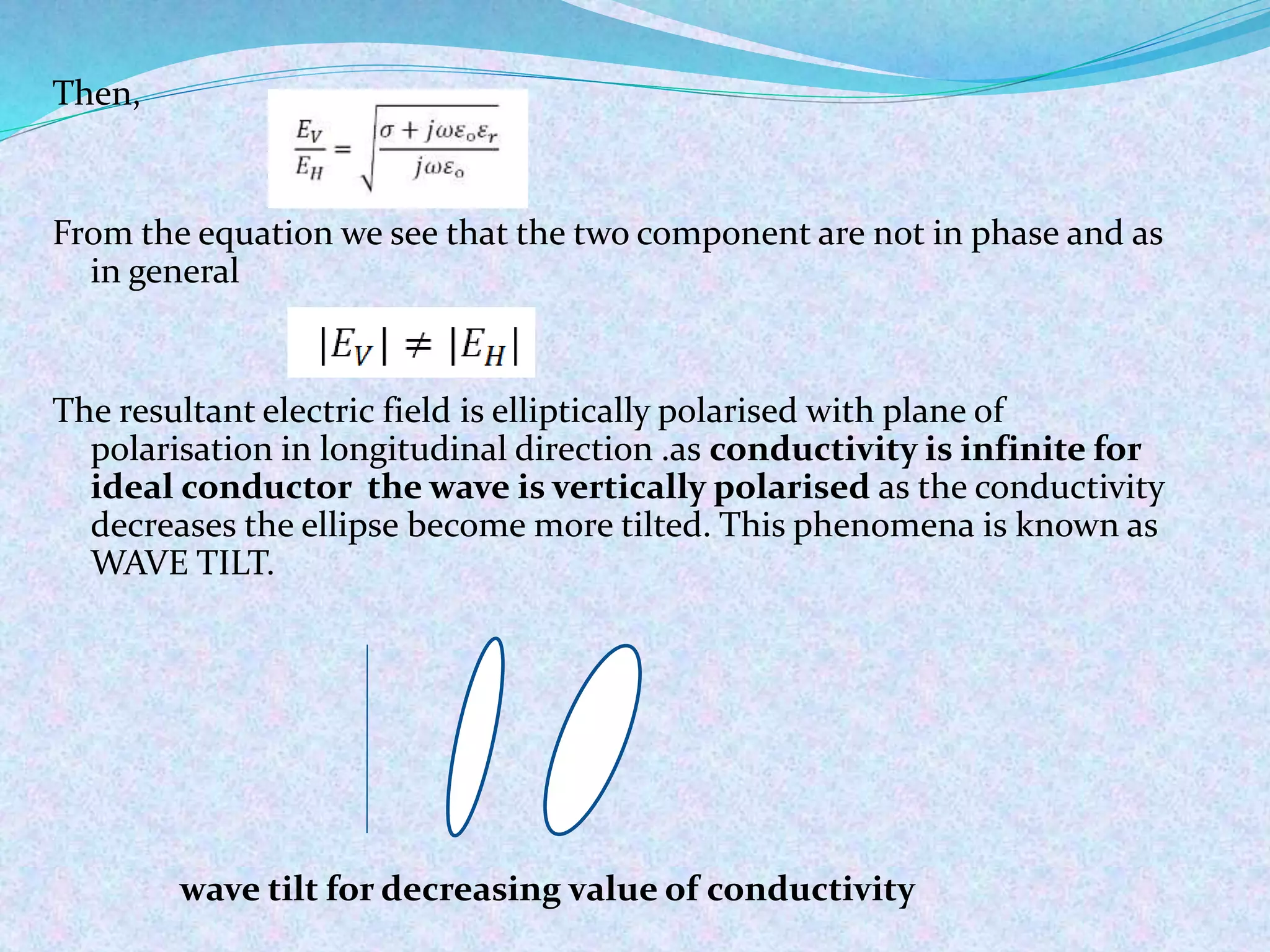 Then,
From the equation we see that the two component are not in phase and as
in general
The resultant electric field is elliptically polarised with plane of
polarisation in longitudinal direction .as conductivity is infinite for
ideal conductor the wave is vertically polarised as the conductivity
decreases the ellipse become more tilted. This phenomena is known as
WAVE TILT.
wave tilt for decreasing value of conductivity
 