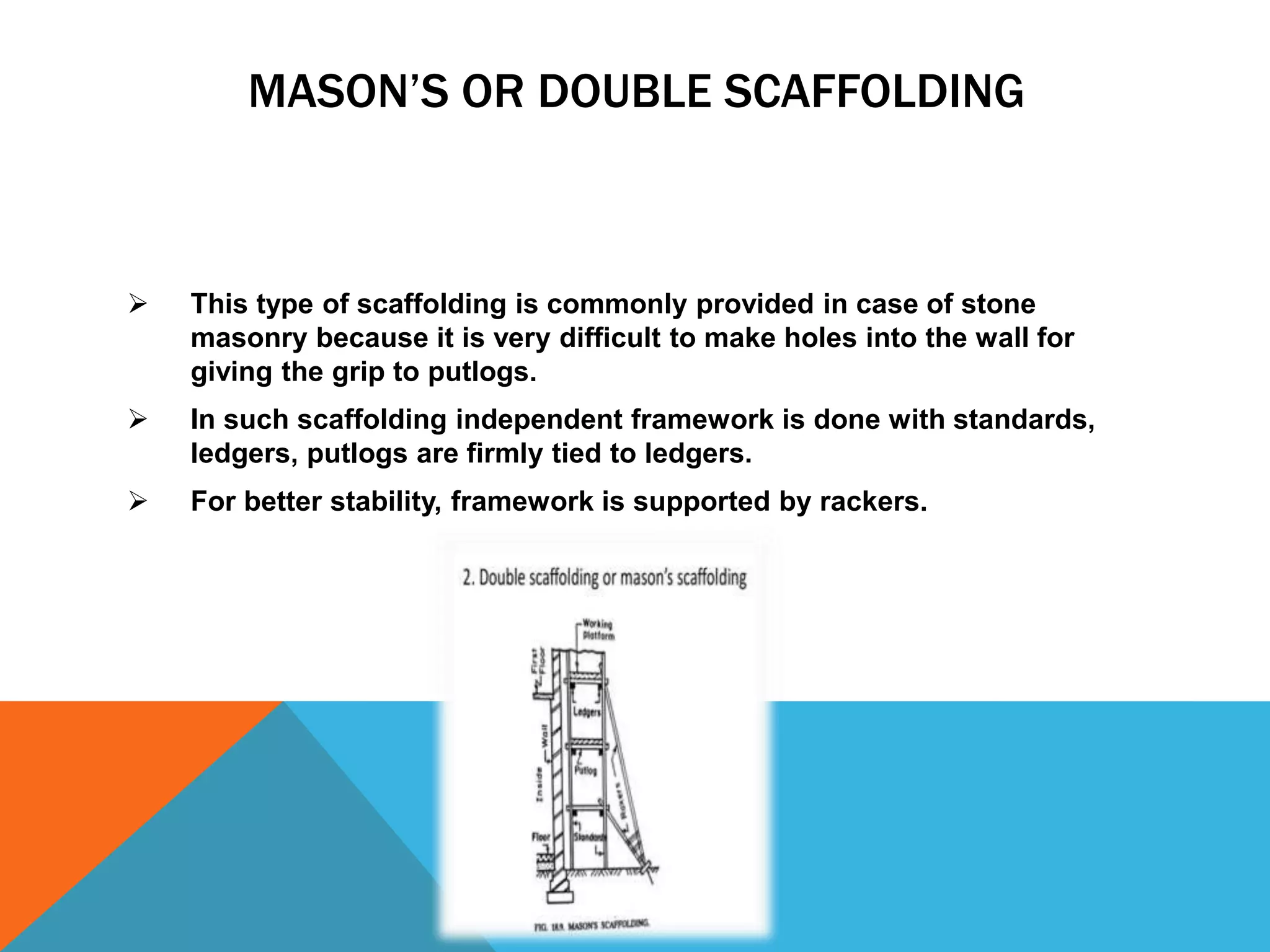 MASON’S OR DOUBLE SCAFFOLDING
 This type of scaffolding is commonly provided in case of stone
masonry because it is very difficult to make holes into the wall for
giving the grip to putlogs.
 In such scaffolding independent framework is done with standards,
ledgers, putlogs are firmly tied to ledgers.
 For better stability, framework is supported by rackers.
 