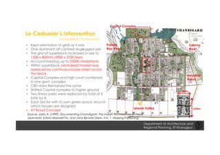 Le Corbusier’s Intervention
Formulation of new plan
• Kept orientation of grids as it was
• One dominant off centred doglegged axis
• The grid of superblock increased in size to
1200 x 800mts (3900 x 2700 feet)
• Accommodating up to 25000 inhabitants
• Within superblock centralized market was
replaced by continuous bazar street across
the block.
• Capital Complex and high court combined
in one govt. complex
• CBD Area Remained the same
• Shifted Capital complex to higher ground
• Two linear parks were replaced by total of 6
later by 8.
• Each Sector with its own green space around
which houses are designed
• V7 Road Concept
Leisure Valley
Capitol Complex
V1
Industrial
Areas
Sukhna
River
Patiala
Rao River
800m
1200m
Department of Architecture and
Regional Planning, IIT Kharagpur
Source: Joshi, K. (1999). Documenting Chandigarh: The Indian Architecture of Pierre
Jeanneret, Edwin Maxwell Fry, and Jane Beverly Drew, Vol. 1. Maping Publishing.
 