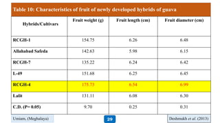 Table 10: Characteristics of fruit of newly developed hybrids of guava
Hybrids/Cultivars
Fruit weight (g) Fruit length (cm) Fruit diameter (cm)
RCGH-1 154.75 6.26 6.48
Allahabad Safeda 142.63 5.98 6.15
RCGH-7 135.22 6.24 6.42
L-49 151.68 6.25 6.45
RCGH-4 175.73 6.54 6.99
Lalit 131.11 6.08 6.30
C.D. (P= 0.05) 9.70 0.25 0.31
Deshmukh et al. (2013)Umiam, (Meghalaya) 29
 