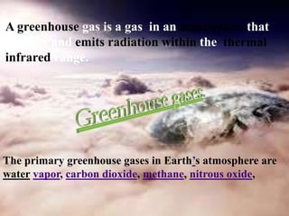 A greenhouse gas is a gas in an atmosphere that
absorbs and emits radiation within the thermal
infrared range.
The primary greenhouse gases in Earth’s atmosphere are
water vapor, carbon dioxide, methane, nitrous oxide,
 