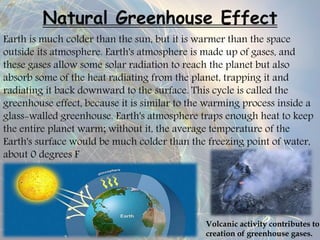 Earth is much colder than the sun, but it is warmer than the space
outside its atmosphere. Earth's atmosphere is made up of gases, and
these gases allow some solar radiation to reach the planet but also
absorb some of the heat radiating from the planet, trapping it and
radiating it back downward to the surface. This cycle is called the
greenhouse effect, because it is similar to the warming process inside a
glass-walled greenhouse. Earth's atmosphere traps enough heat to keep
the entire planet warm; without it, the average temperature of the
Earth's surface would be much colder than the freezing point of water,
about 0 degrees F
Natural Greenhouse Effect
Volcanic activity contributes to
creation of greenhouse gases.
 