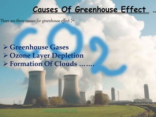 Causes Of Greenhouse Effect …
There are three causes for greenhouse effect :-
 Greenhouse Gases
 Ozone Layer Depletion
 Formation Of Clouds …….
 